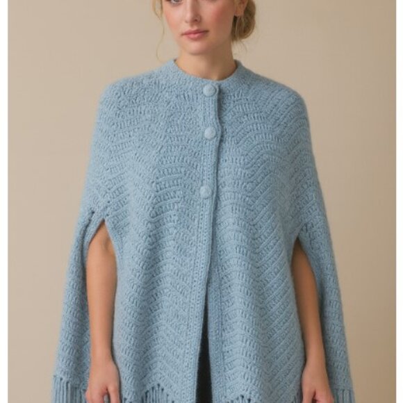 Hand Crocheted Vtg 70s Blue Cardigan Shawl Fringed Sweater Side Arm Slits Sz XL - Picture 1 of 6